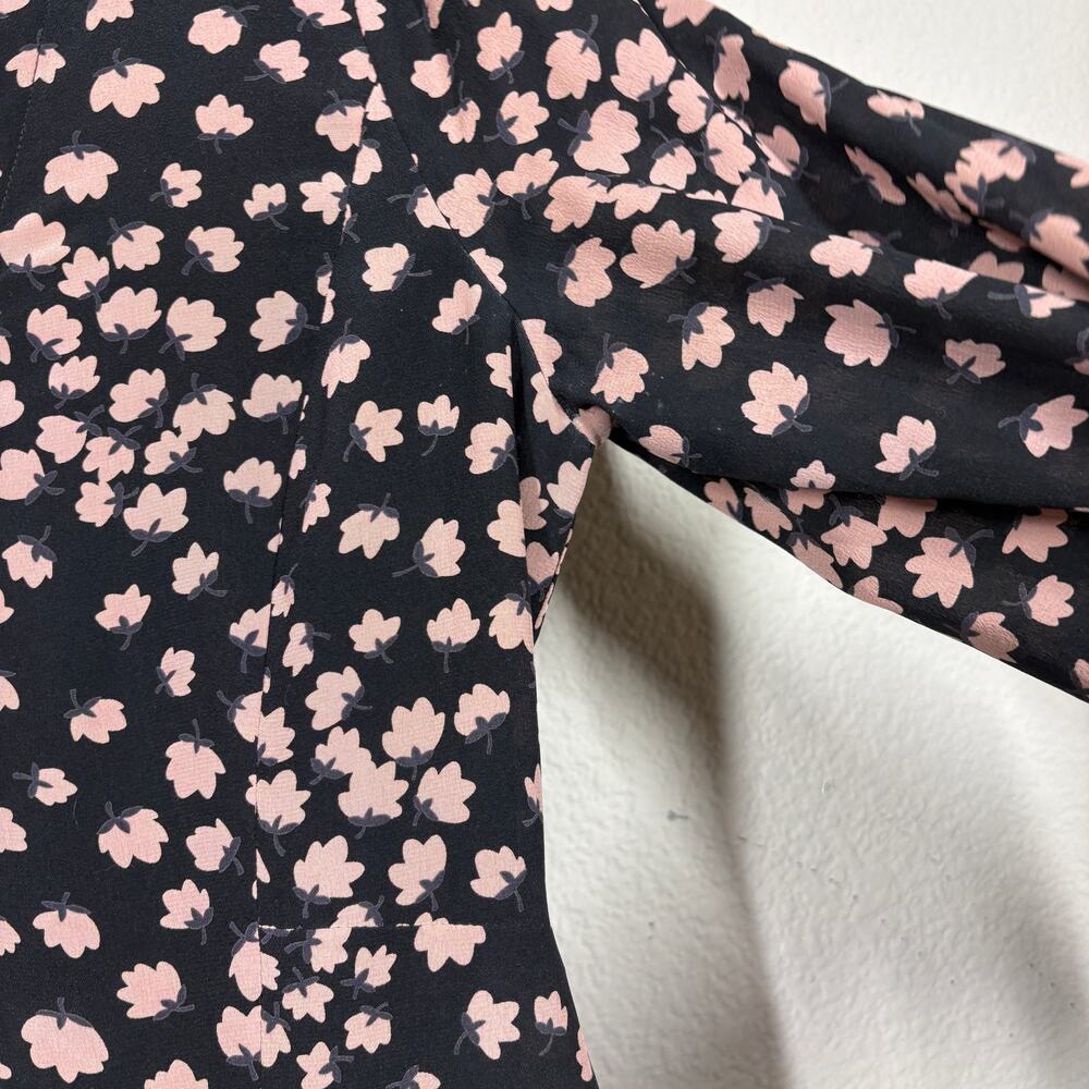Rebecca Taylor 6 Swing Mini Dress Black Pink Floral Silk V Neck Long Sleeves - Picture 5 of 10